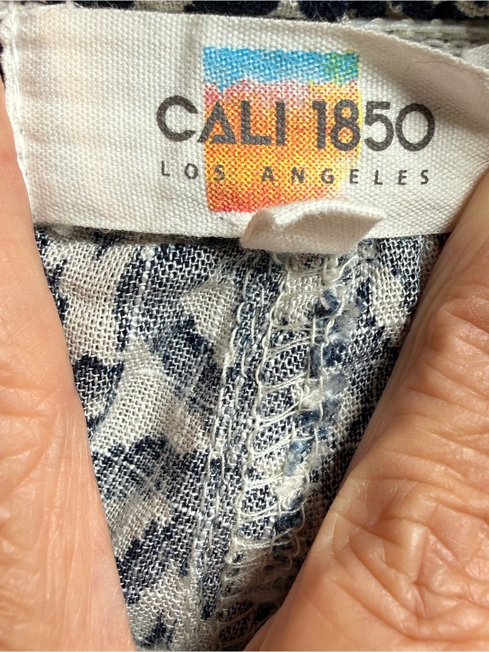 1850 Navy Blue Cream Linen Blend Boho Print Wide Leg Drawstring Pants Medium - Picture 8 of 13